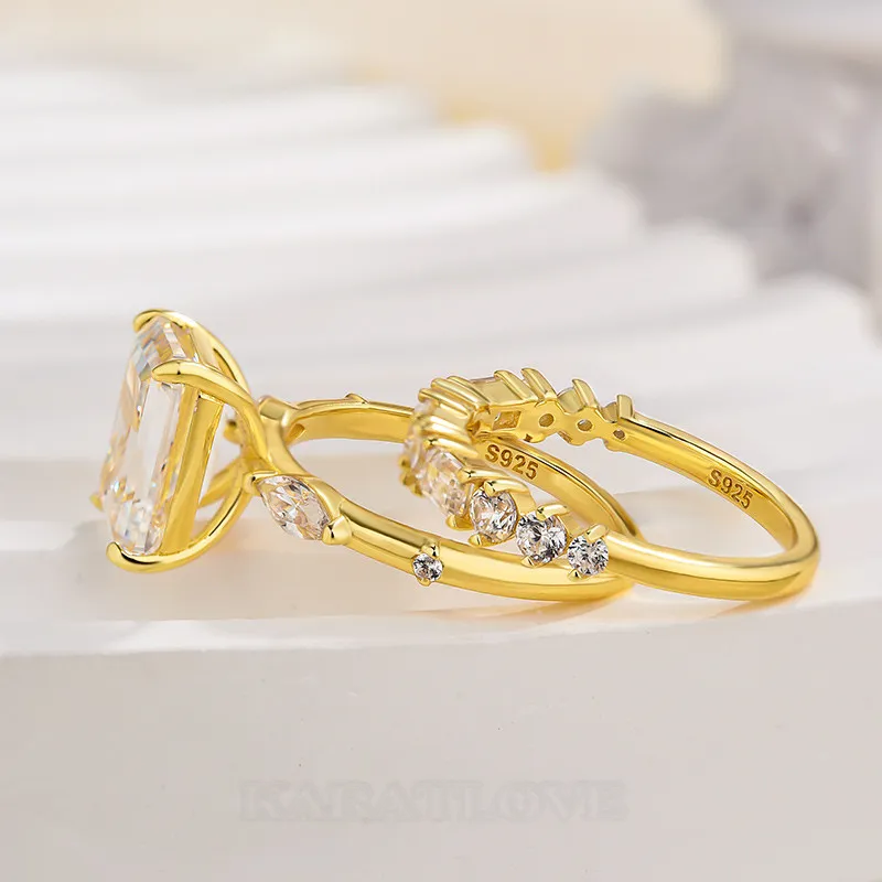 Emerald Cut Diamond White Sterling Silver Yellow Gold 3-Stone Ring Set