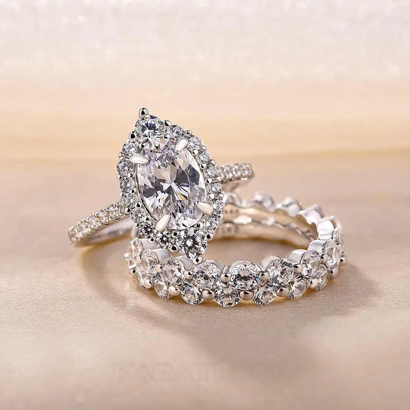 Oval Cut Diamond White Sterling Silver 3-Piece Halo Ring Set