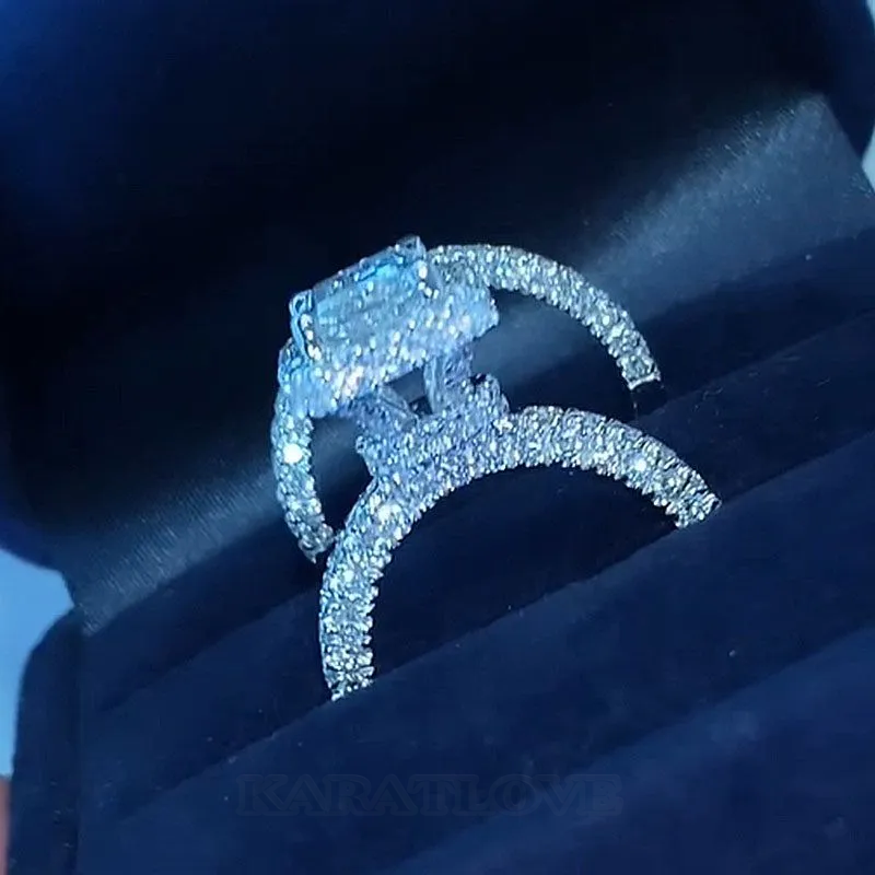 Radiant Cut Diamond White Sterling Silver Halo Ring Set