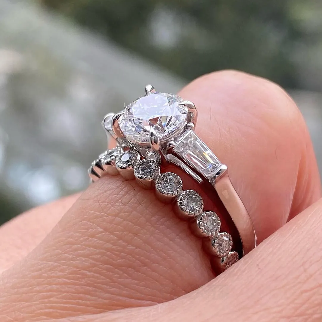 Round Cut Diamond White Sterling Silver 3-Stone Ring Set