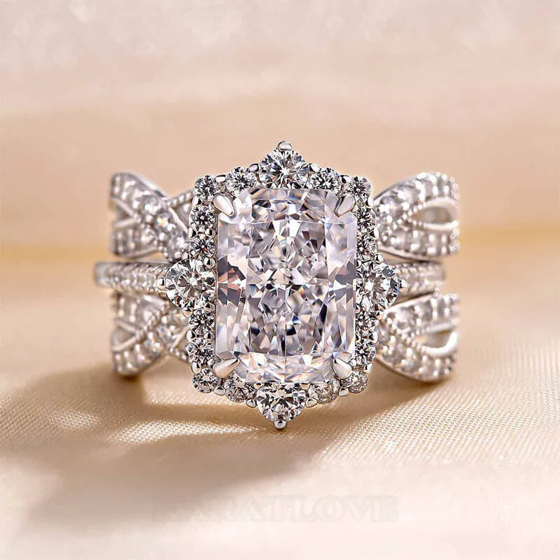Radiant Cut Diamond White Sterling Silver Insert Halo Ring Set