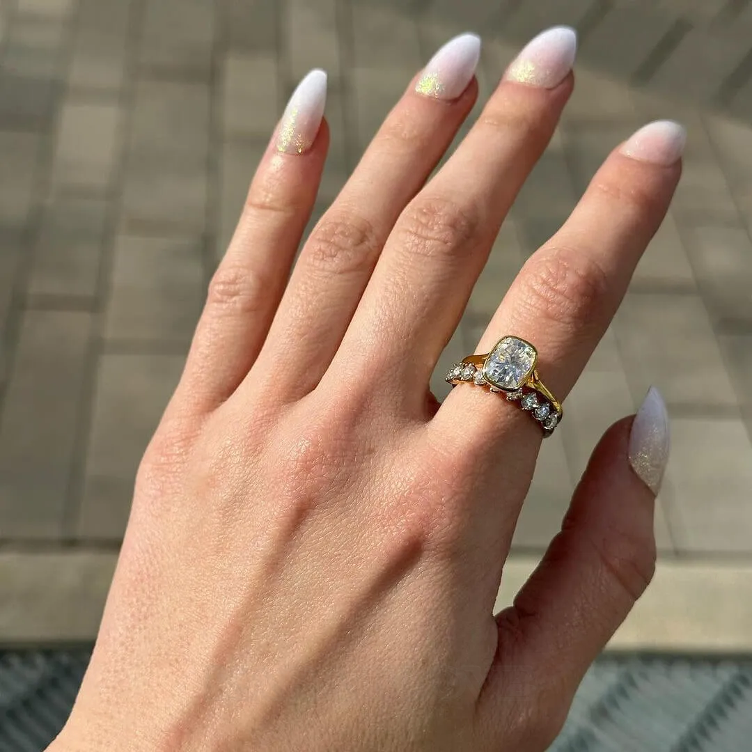 Cushion Cut Diamond White Sterling Silver Yellow Gold Solitaire Ring Set