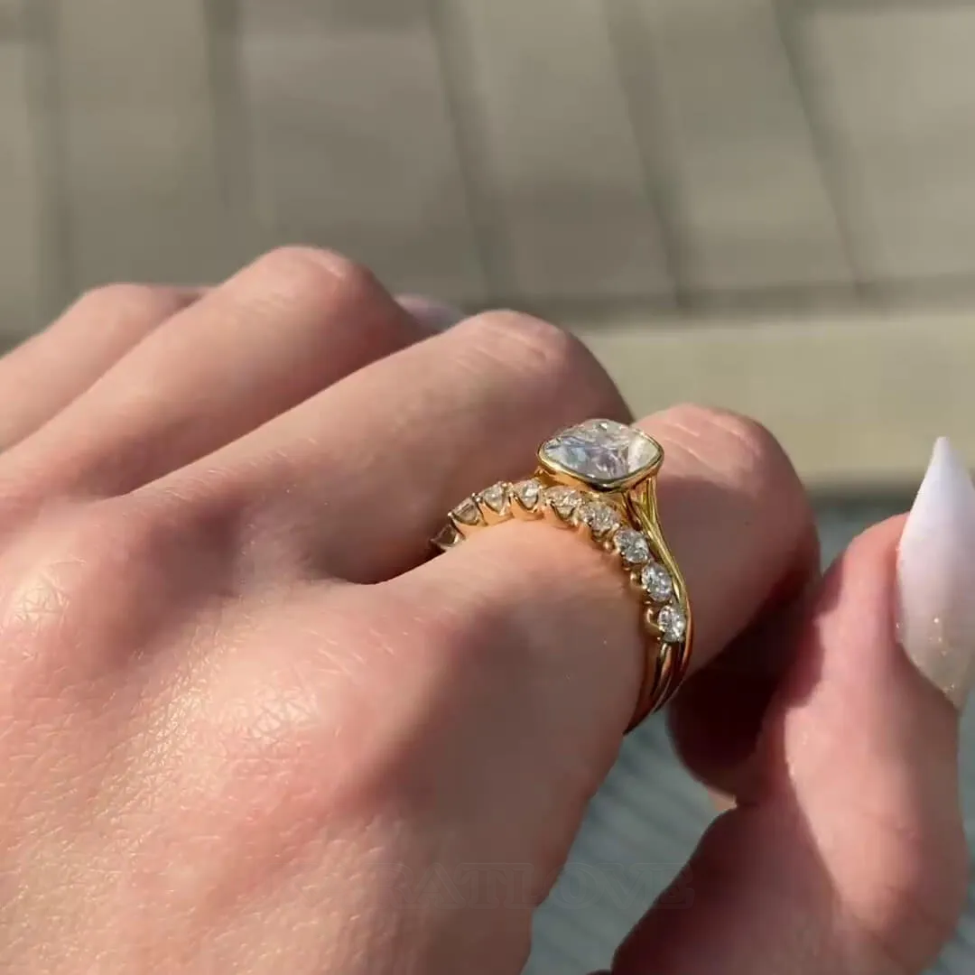 Cushion Cut Diamond White Sterling Silver Yellow Gold Solitaire Ring Set