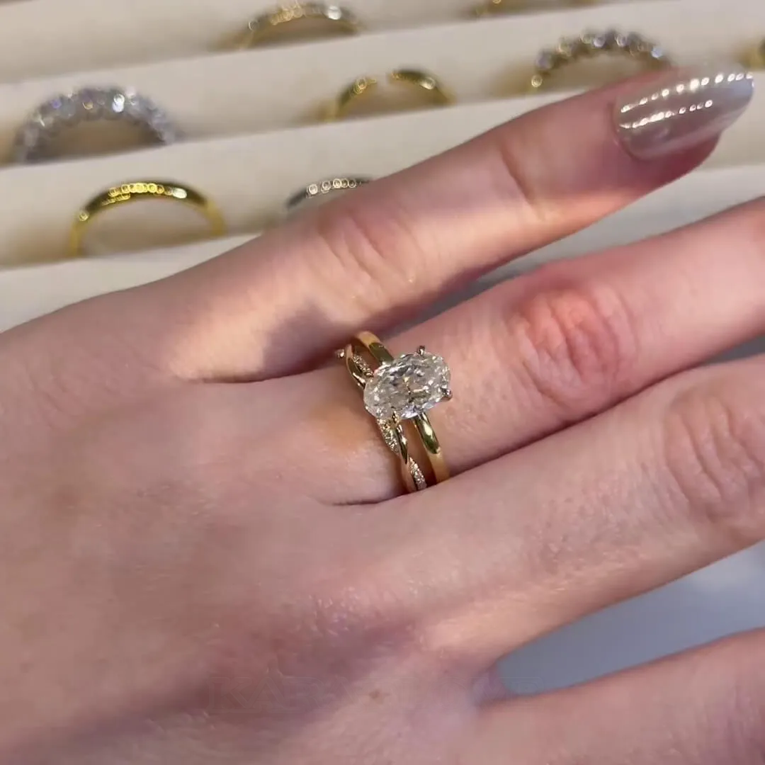 Oval Cut Diamond White Sterling Silver Yellow Gold Solitaire Ring Set
