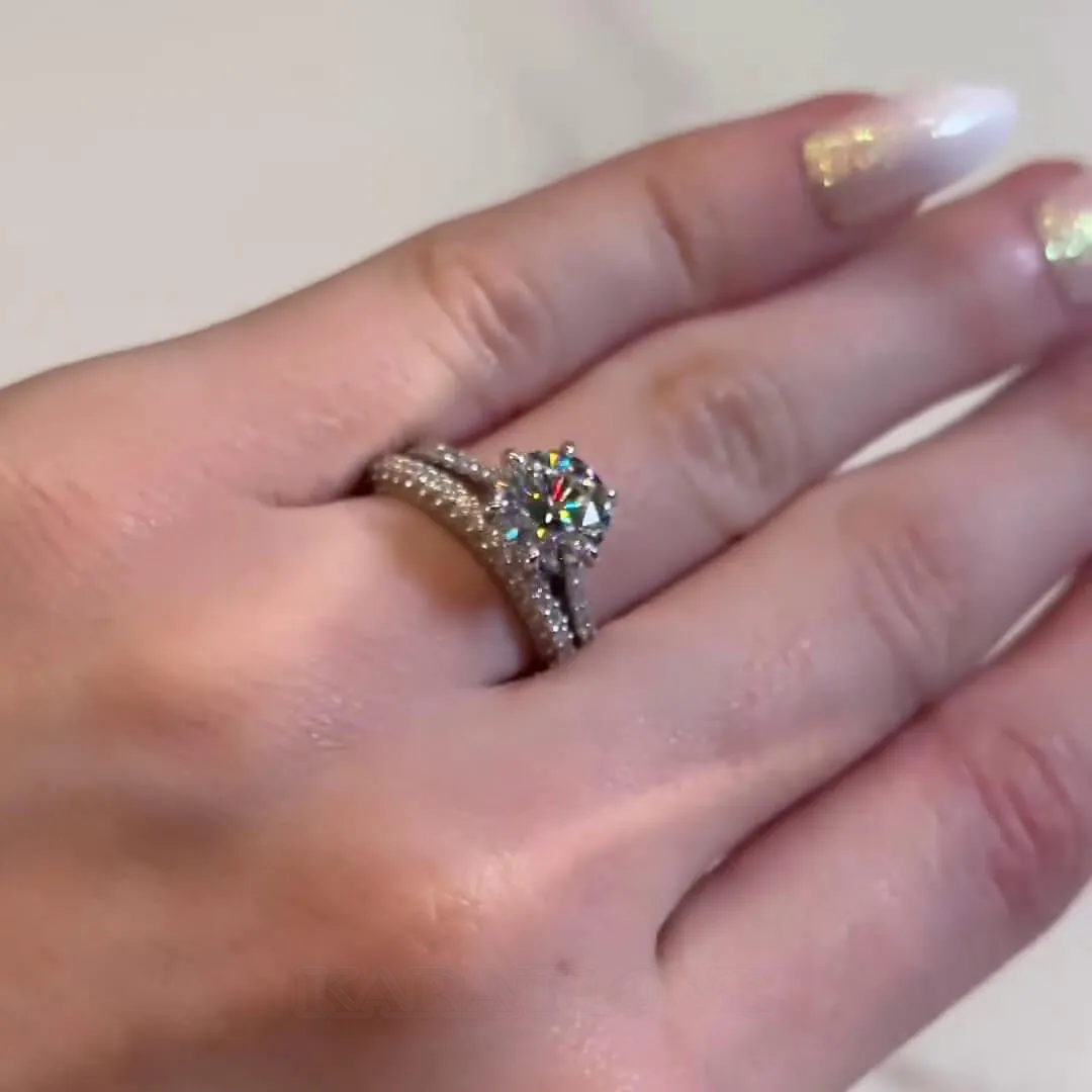 Round Cut Diamond White Sterling Silver Classic Ring Set