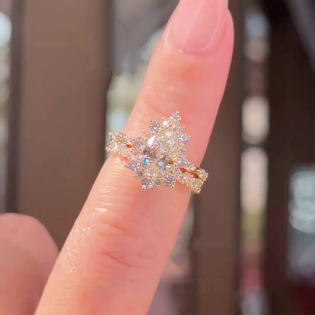 Pear Cut Diamond White Sterling Silver Yellow Gold Halo Bridal Sets Pear Cut Diamond White Sterling Silver Yellow Gold Halo Bridal Sets