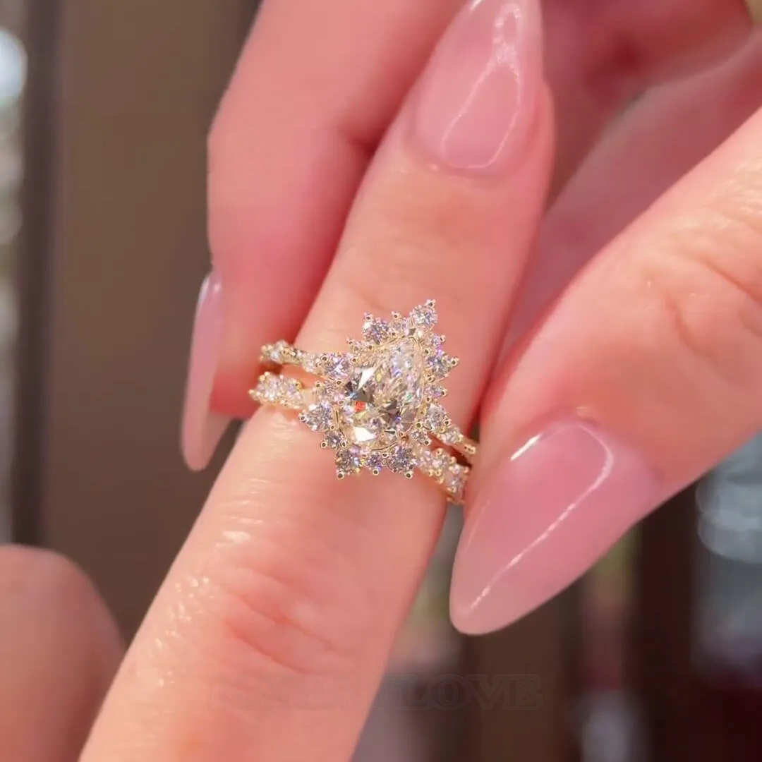 Pear Cut Diamond White Sterling Silver Yellow Gold Halo Bridal Sets