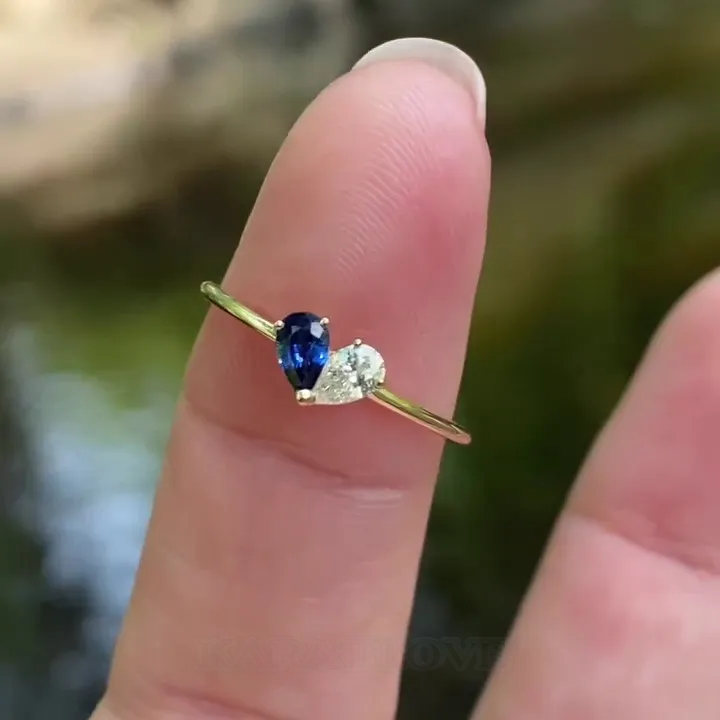 Pear Cut Sapphire Blue Diamond White Sterling Silver Yellow Gold Heart Bridal Sets