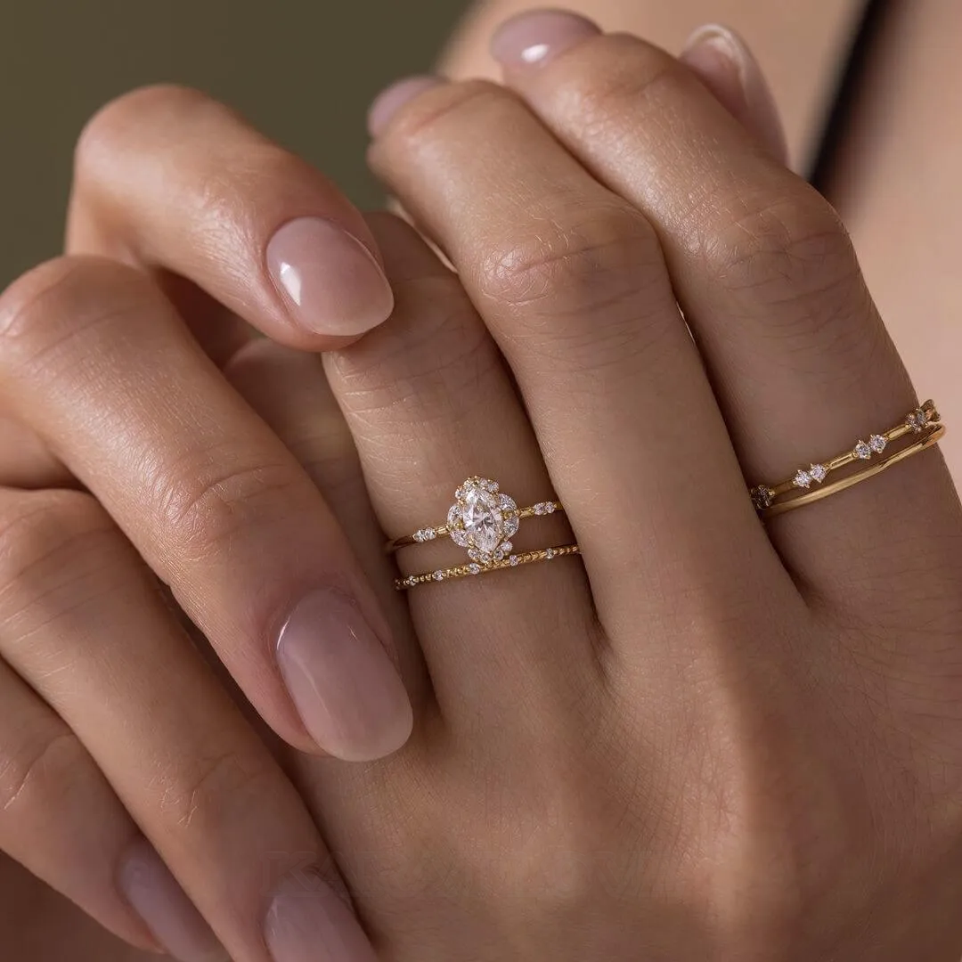 Marquise Cut Diamond White Sterling Silver Yellow Gold Halo Bridal Sets