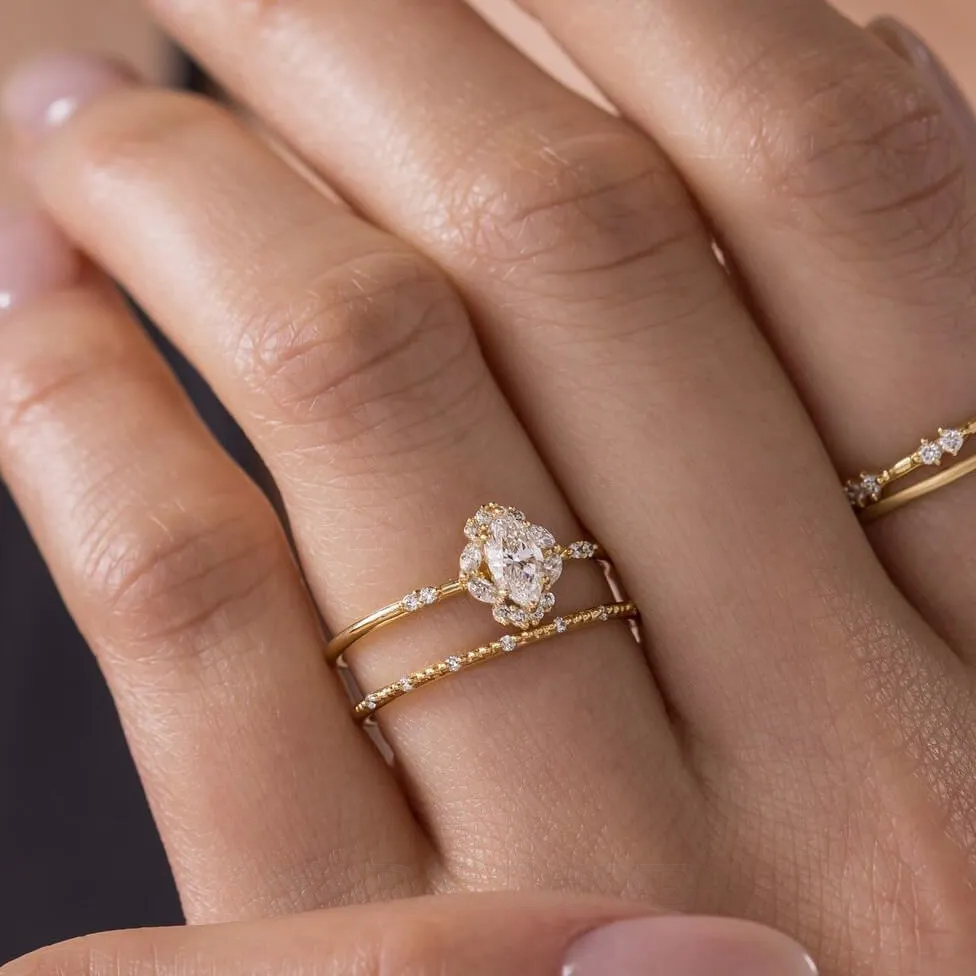 Marquise Cut Diamond White Sterling Silver Yellow Gold Halo Bridal Sets