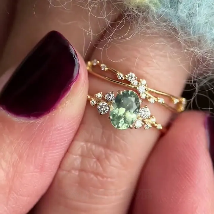 Oval Cut Peridot Green Sterling Silver Yellow Gold Bridal Sets