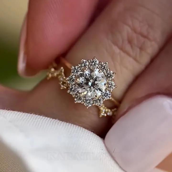 Round Cut Diamond White Sterling Silver Yellow Gold Halo Bridal Sets Round Cut Diamond White Sterling Silver Yellow Gold Halo Bridal Sets