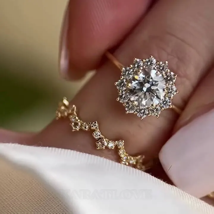 Round Cut Diamond White Sterling Silver Yellow Gold Halo Bridal Sets