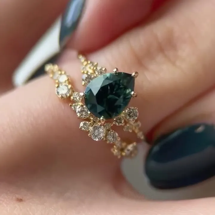 Pear Cut Emerald Green Sterling Silver Yellow Gold Bridal Sets