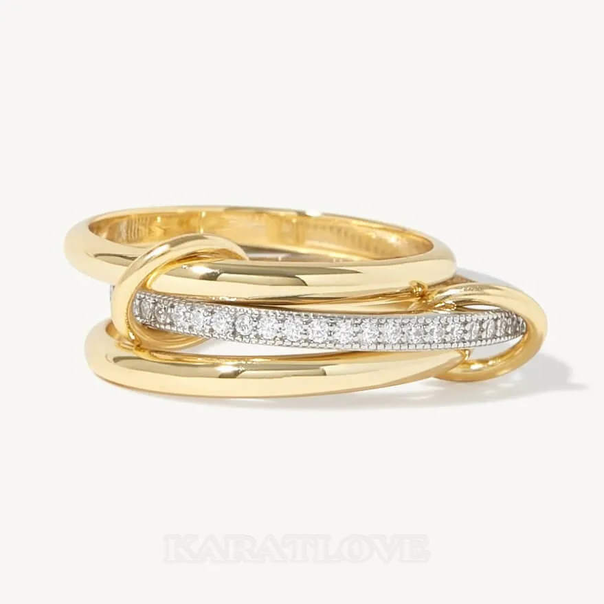 Round Cut Diamond White Sterling Silver Two-tone Connected Linked Interlocking Spinner Ring