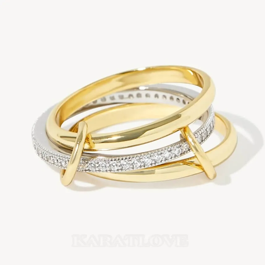 Round Cut Diamond White Sterling Silver Two-tone Connected Linked Interlocking Spinner Ring
