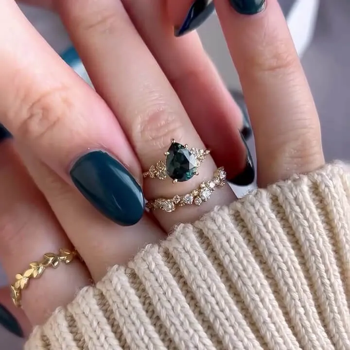 Pear Cut Emerald Green Sterling Silver Yellow Gold Bridal Sets