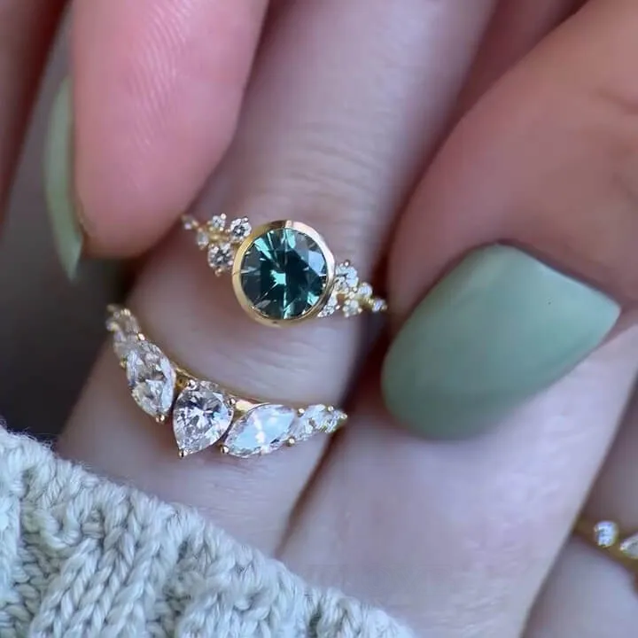 Round Cut Emerald Green Sterling Silver Yellow Gold Bridal Sets