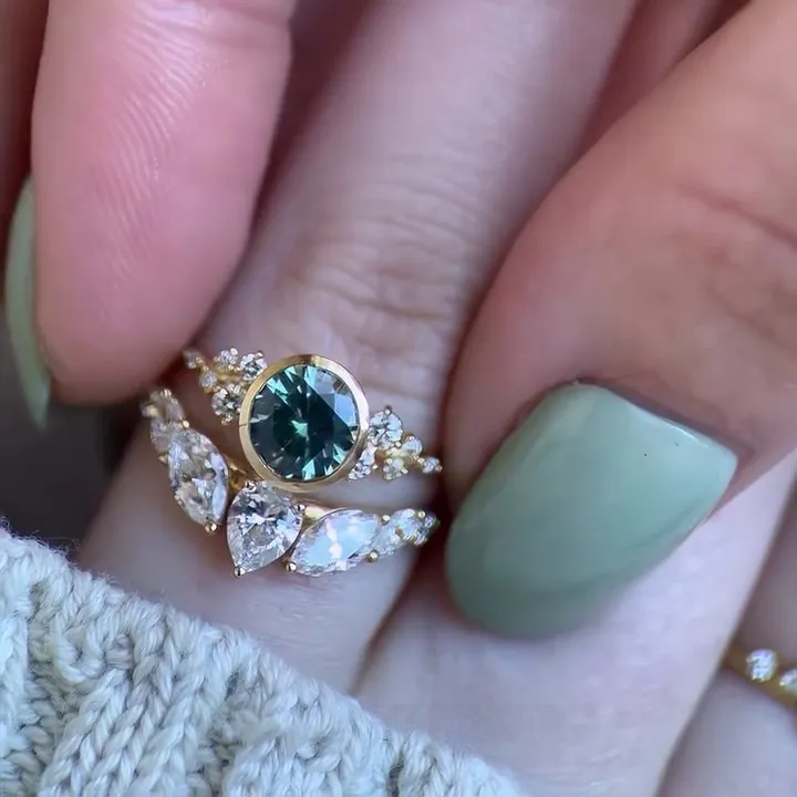 Round Cut Emerald Green Sterling Silver Yellow Gold Bridal Sets