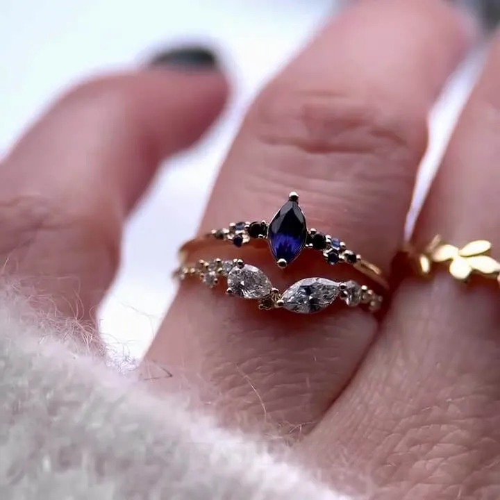 Marquise Cut Sapphire Blue Sterling Silver Yellow Gold Bridal Sets