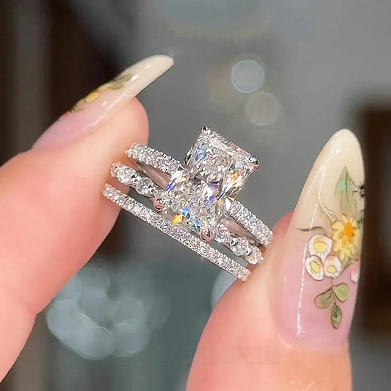 Radiant Cut Diamond White Sterling Silver Available in 3 Colors 3-Piece Wedding Ring Set