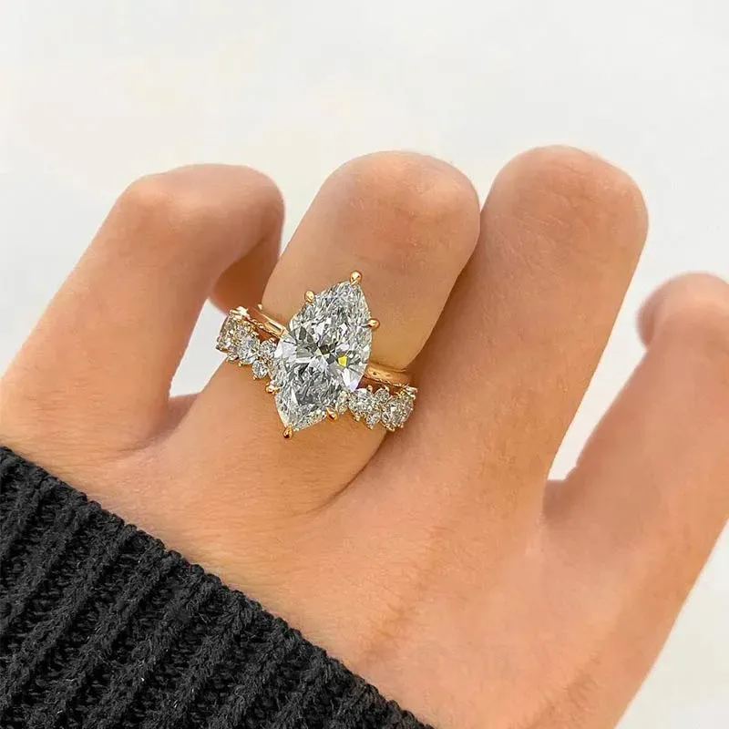 Marquise Cut Diamond White Sterling Silver Available in 3 Colors Halo Wedding Ring Set