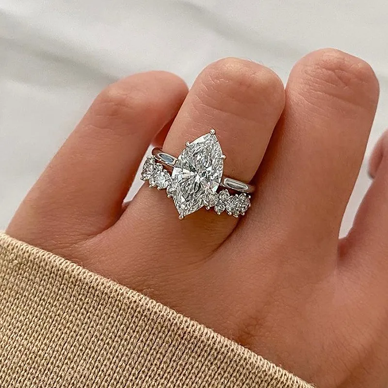Marquise Cut Diamond White Sterling Silver Available in 3 Colors Halo Wedding Ring Set