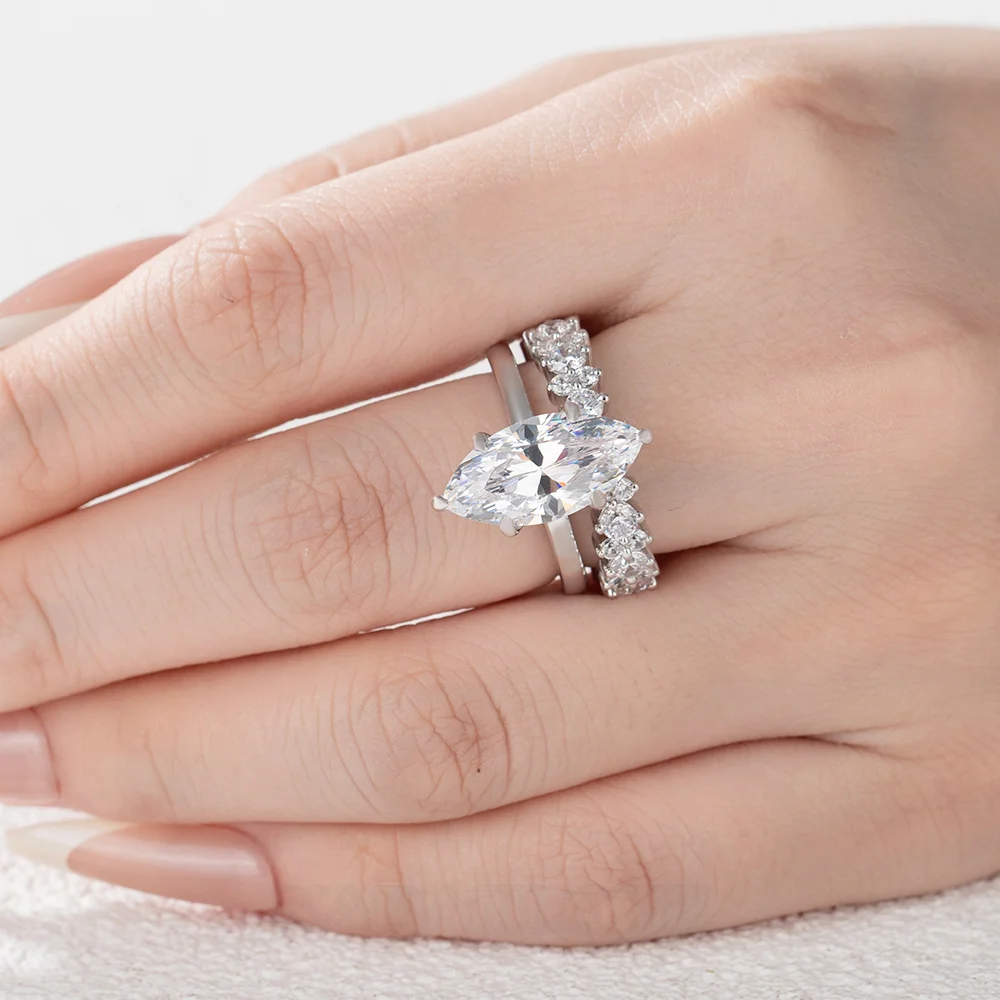 Marquise Cut Diamond White Sterling Silver Available in 3 Colors Halo Wedding Ring Set