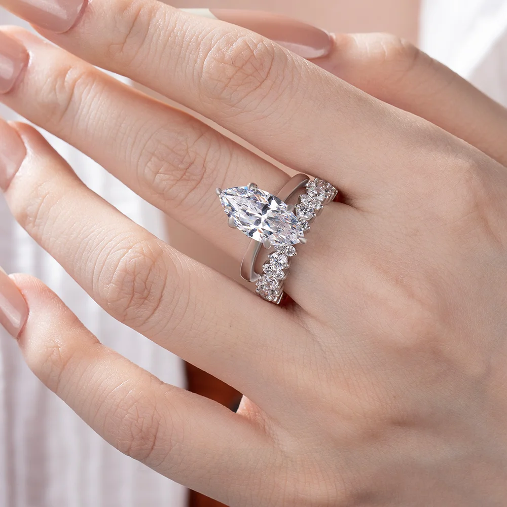 Marquise Cut Diamond White Sterling Silver Available in 3 Colors Halo Wedding Ring Set