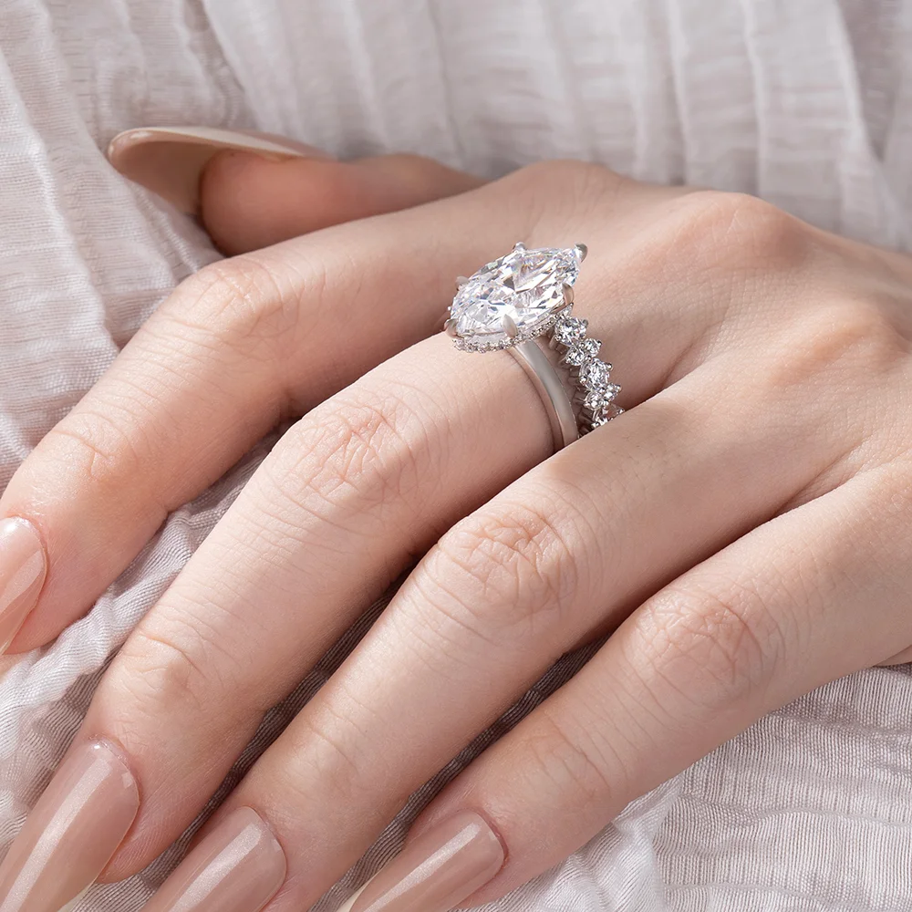 Marquise Cut Diamond White Sterling Silver Available in 3 Colors Halo Wedding Ring Set