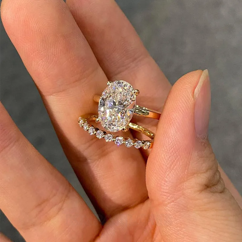 Oval Cut Diamond White Sterling Silver Yellow Gold Halo Wedding Ring Set