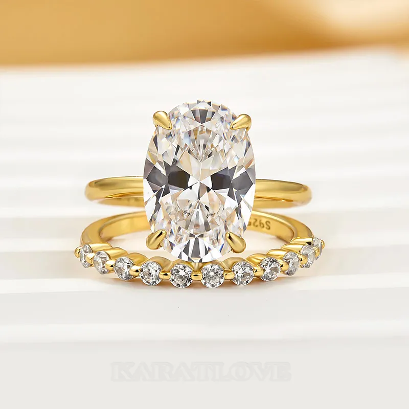 Oval Cut Diamond White Sterling Silver Yellow Gold Halo Wedding Ring Set