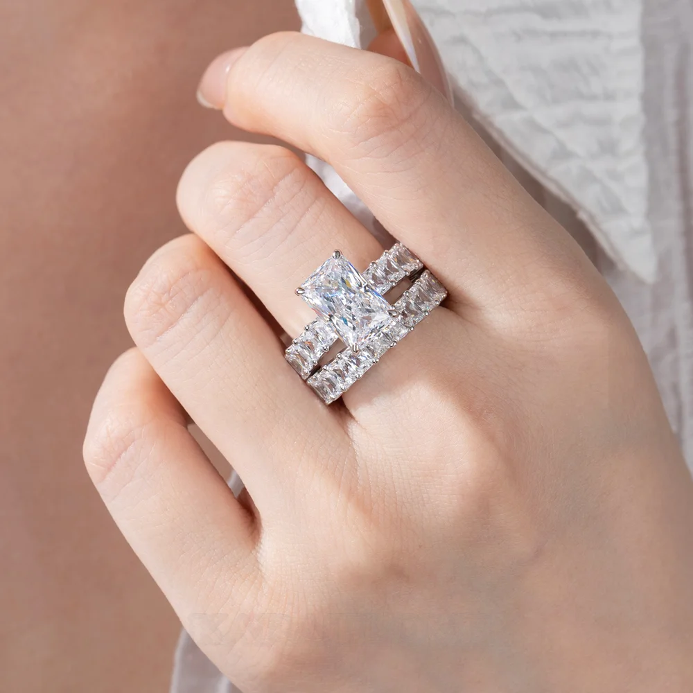 Radiant Cut Diamond White Sterling Silver Wedding Ring Set