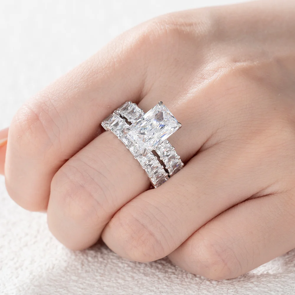Radiant Cut Diamond White Sterling Silver Wedding Ring Set