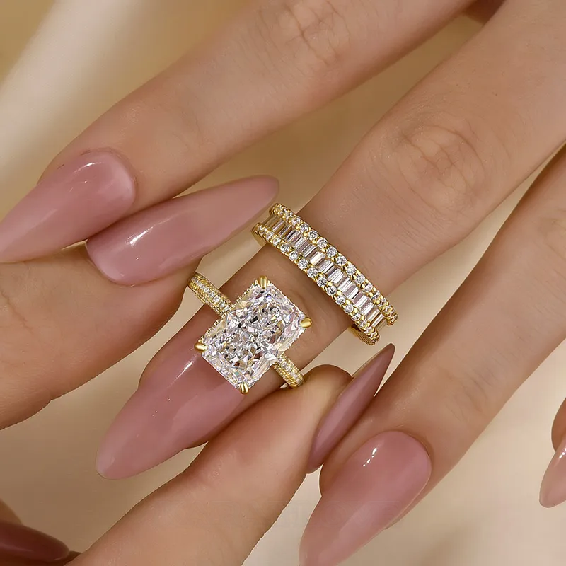 Radiant Cut Diamond White Sterling Silver Available in 3 Colors Wedding Ring Set