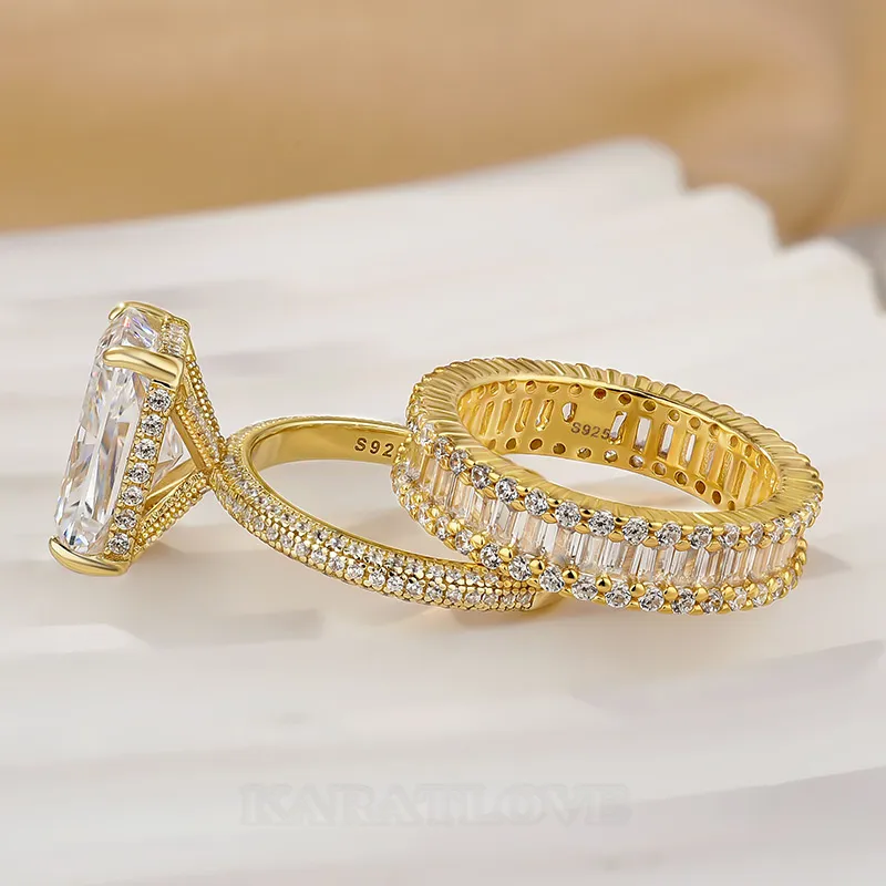 Radiant Cut Diamond White Sterling Silver Available in 3 Colors Wedding Ring Set