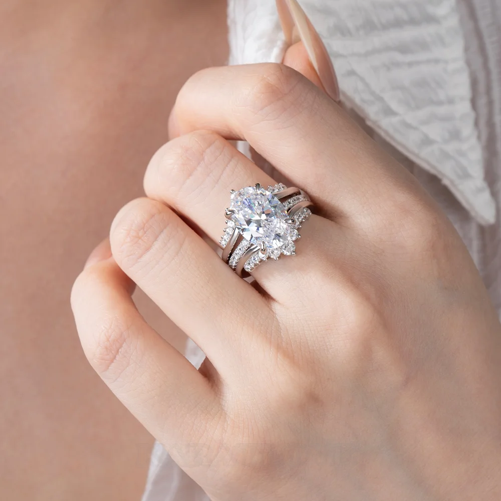 Oval Cut Diamond White Sterling Silver Insert Wedding Ring Set