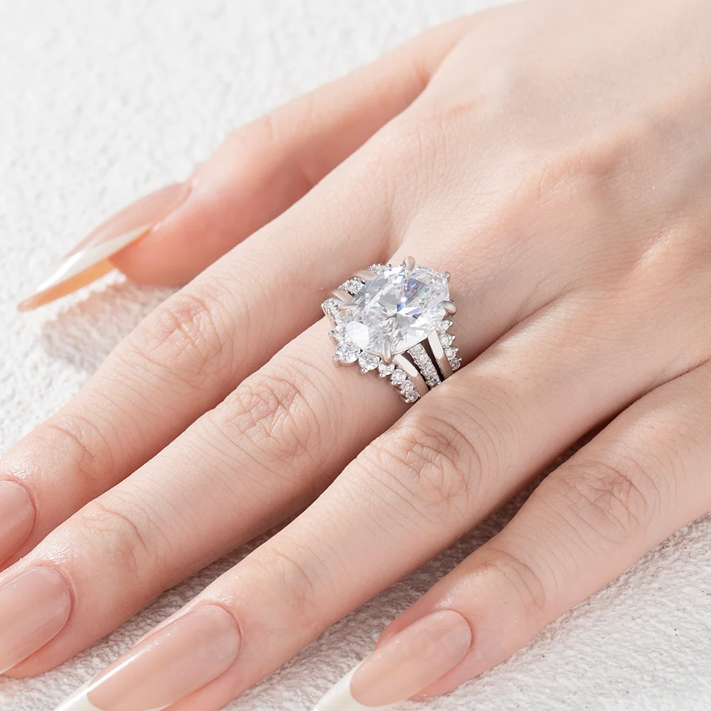 Oval Cut Diamond White Sterling Silver Insert Wedding Ring Set