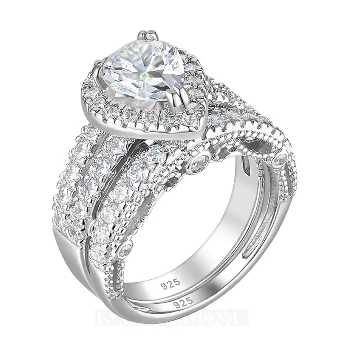 Pear Cut Diamond White Sterling Silver Halo Wedding Ring Set