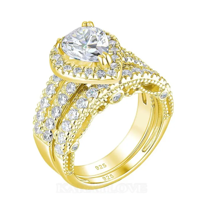 Pear Cut Diamond White Sterling Silver Halo Wedding Ring Set