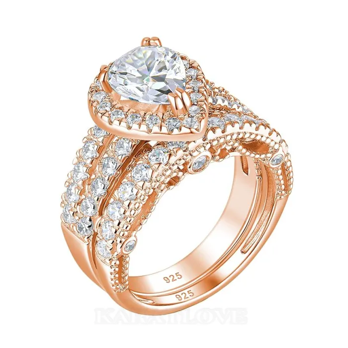 Pear Cut Diamond White Sterling Silver Halo Wedding Ring Set