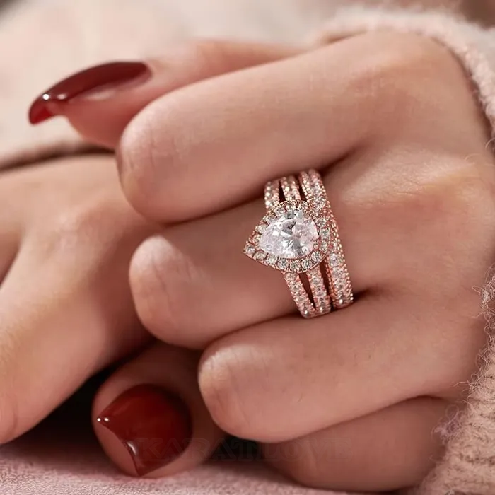 Pear Cut Diamond White Sterling Silver Halo Wedding Ring Set