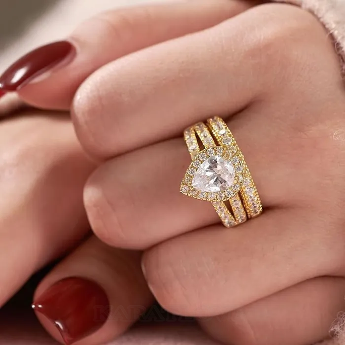 Pear Cut Diamond White Sterling Silver Halo Wedding Ring Set