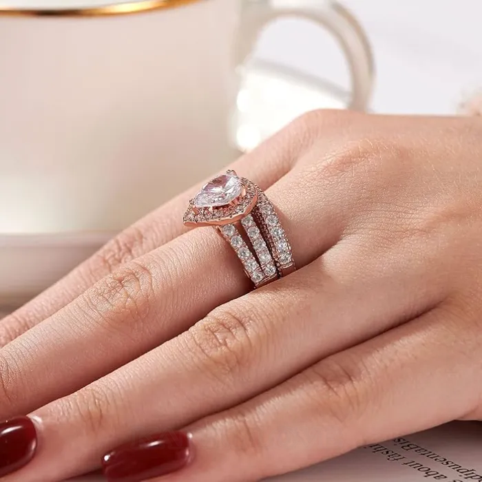 Pear Cut Diamond White Sterling Silver Halo Wedding Ring Set