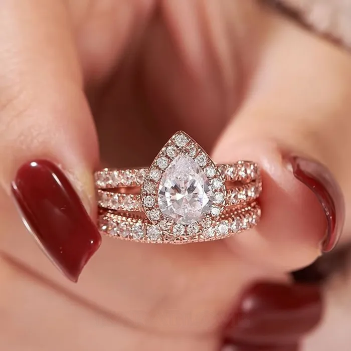 Pear Cut Diamond White Sterling Silver Halo Wedding Ring Set