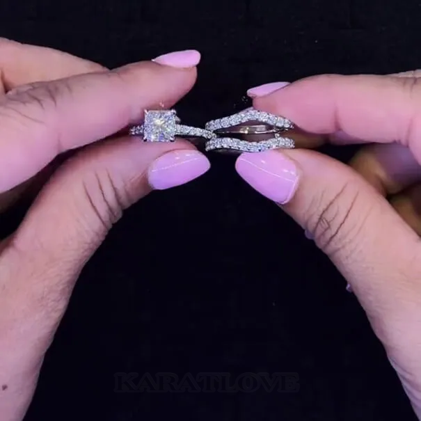 Princess Cut Diamond White Sterling Silver Insert Wedding Ring Set