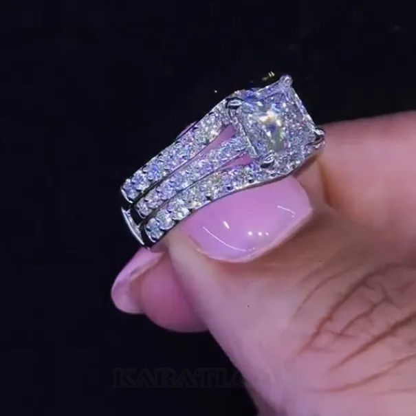 Princess Cut Diamond White Sterling Silver Insert Wedding Ring Set