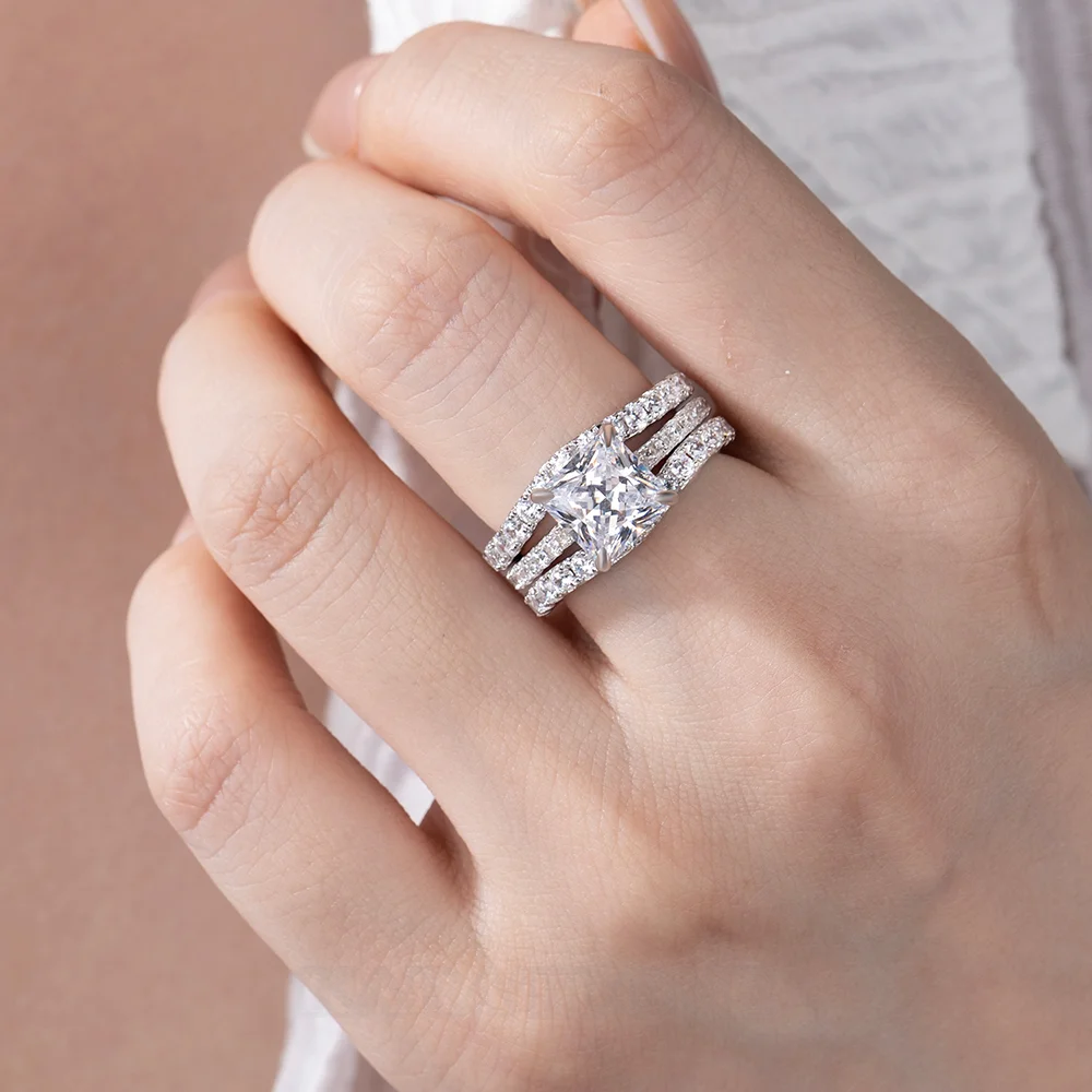 Princess Cut Diamond White Sterling Silver Insert Wedding Ring Set