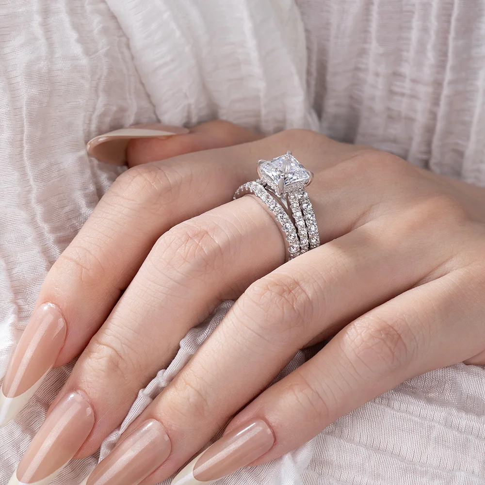 Princess Cut Diamond White Sterling Silver Insert Wedding Ring Set