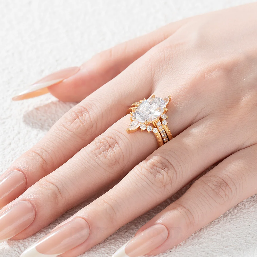 Oval Cut Diamond White Yellow Gold Sterling Silver Insert Wedding Ring Set